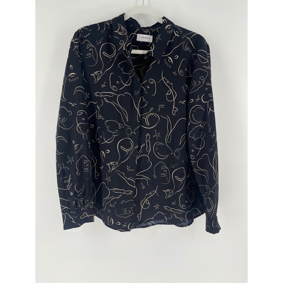 Carmen Marc Valo Black & Gold Art Deco Long Sleeve Button Down Blouse Size Large - Picture 3 of 7